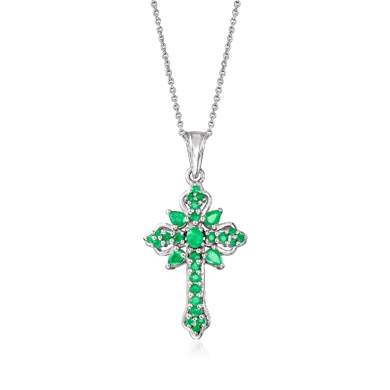 Exclusive Online Discounts On Stylish Jewelry Comfortable Chic Ross-Simons Emerald Cross Pendant Necklace in Sterling Silver