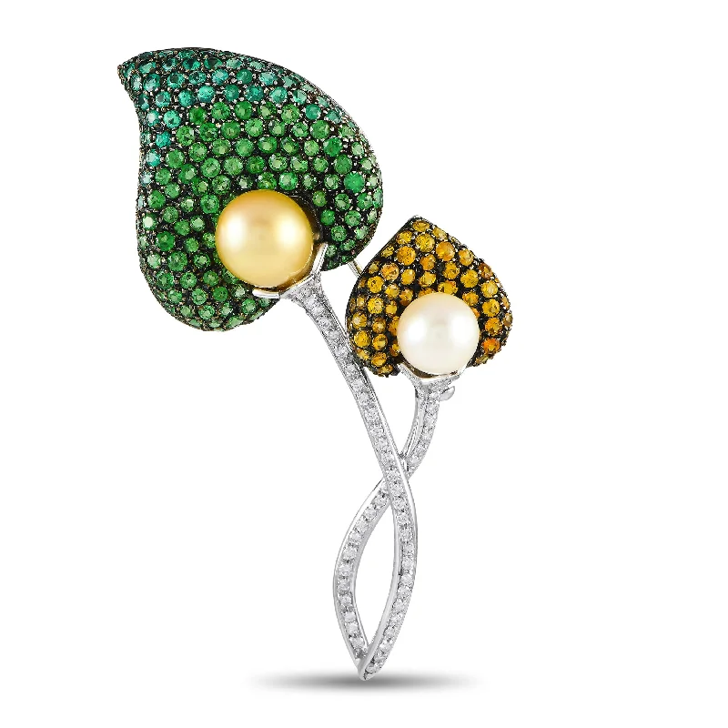 Luxury Jewelry Clearance – Shop Premium Styles Now Imeless Style Asprey 18K White Gold Diamond, Pearl, Sapphire, and Tsavorite Brooch AS04-122624