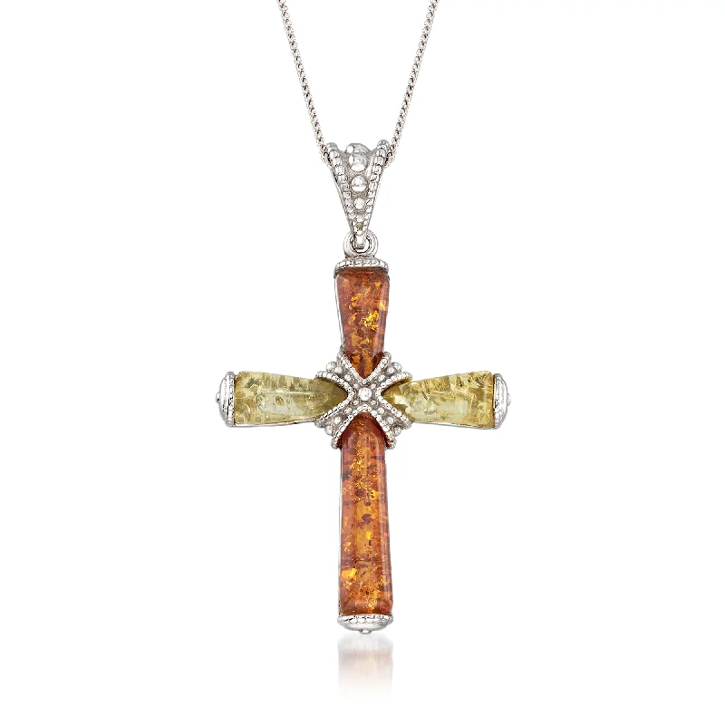 Affordable Luxury Jewelry – Style At A Great Price Polished Style Deals Ross-Simons 2-Tone Amber Cross Pendant Necklace in Sterling Silver