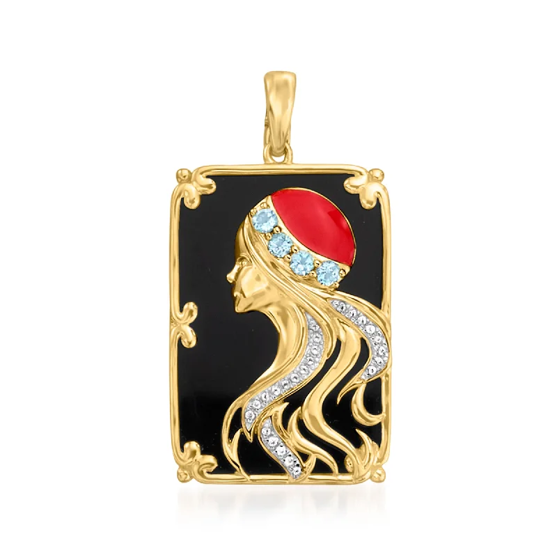 Your Dream Jewelry At Dream Prices Casual Fashion Ross-Simons Blue and White Topaz and Red Enamel Art Deco-Inspired Pendant in 18kt Gold Over Sterling