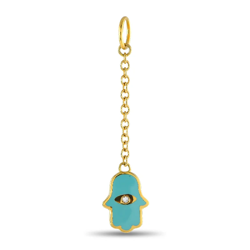 Modern Statement Jewelry For Bold Styling Sale Event, Prices Rock Aaron Basha 18K Yellow Gold Diamond Turquoise Enamel Hamsa Charm Pendant AB16-111824