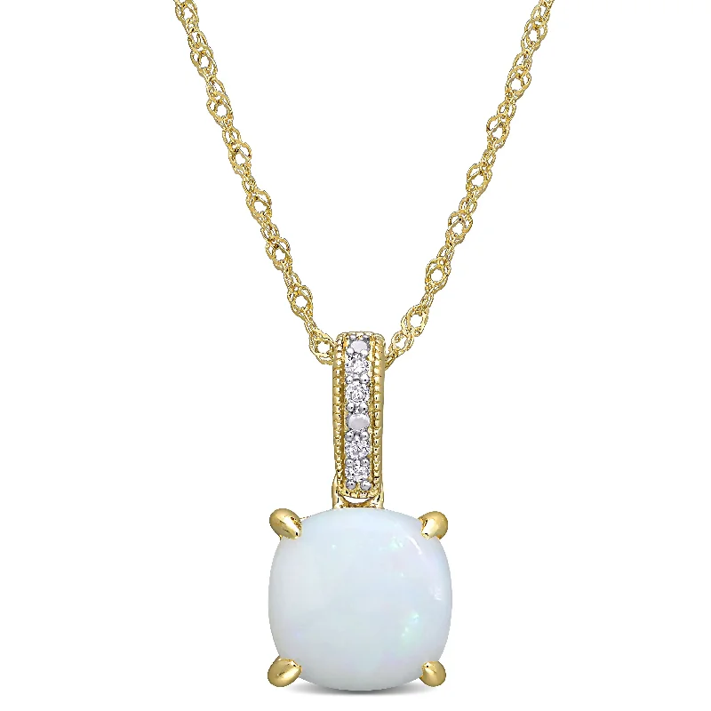 Elegant Necklaces And Bracelets At Limited-Time Offers Bold Fashion Sales 1 1/3 CT TGW Opal and Diamond Accent Milgrain Pendant in 10K Yellow Gold