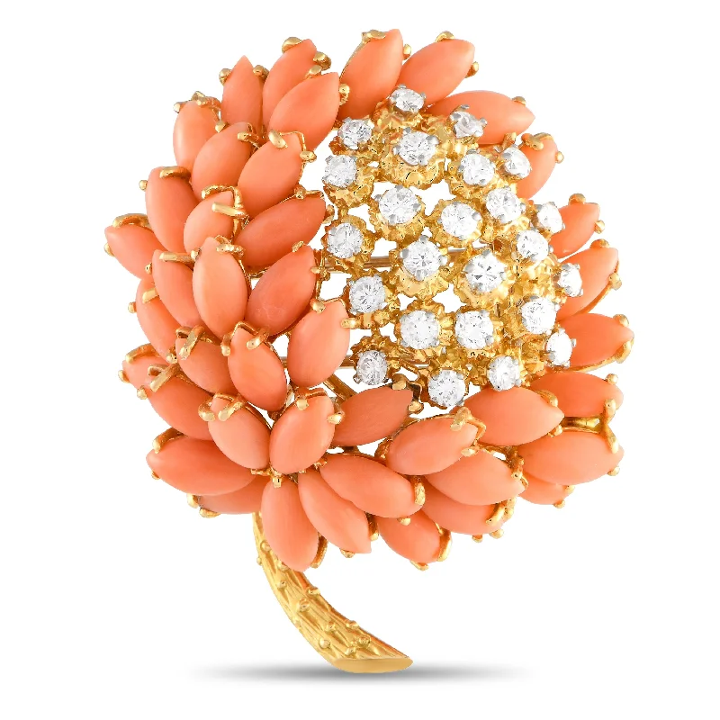 Delicate Crystal Jewelry For Sophisticated Charm Clearance Sale, All Cheap Van Cleef & Arpels Van Cleef & Arpels Vintage 18K Yellow Gold 1.20 ct Diamond and Coral Flower Brooch VC40-051724