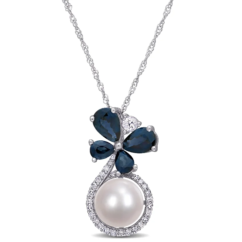 Dainty Floral Jewelry For Feminine Elegance Insane Discount Onslaught 7.5-8 MM Cultured Freshwater Pearl and Sapphire White Sapphire and 1/8 CT TW Diamond Butterfly Drop Necklace in 10k White Gold