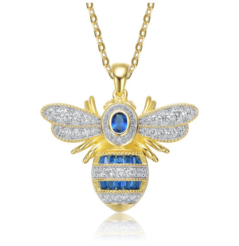 Get The Jewelry You Love At A Price You Love Affordable Trendy Fashion Sterling Silver 14k Gold Plated with Sapphire Blue Cubic Zirconia Pave Wasp Pendant Necklace