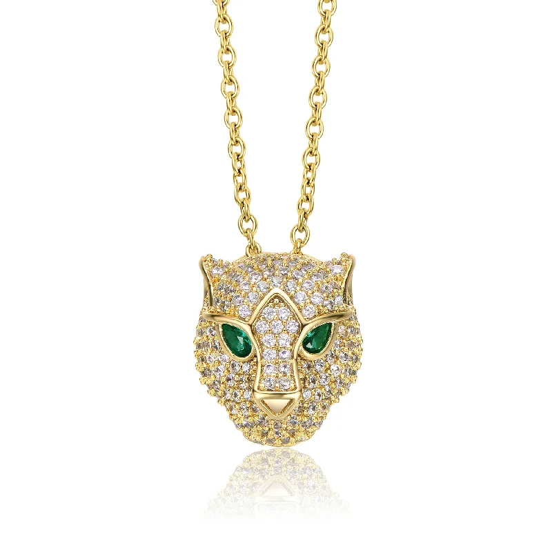 Affordable Glamour – Premium Jewelry For Less Flash Sale Starts RG 14k Yellow Gold Plated with Emerald & Cubic Zirconia 3D Panther Head Pendant Layering Necklace