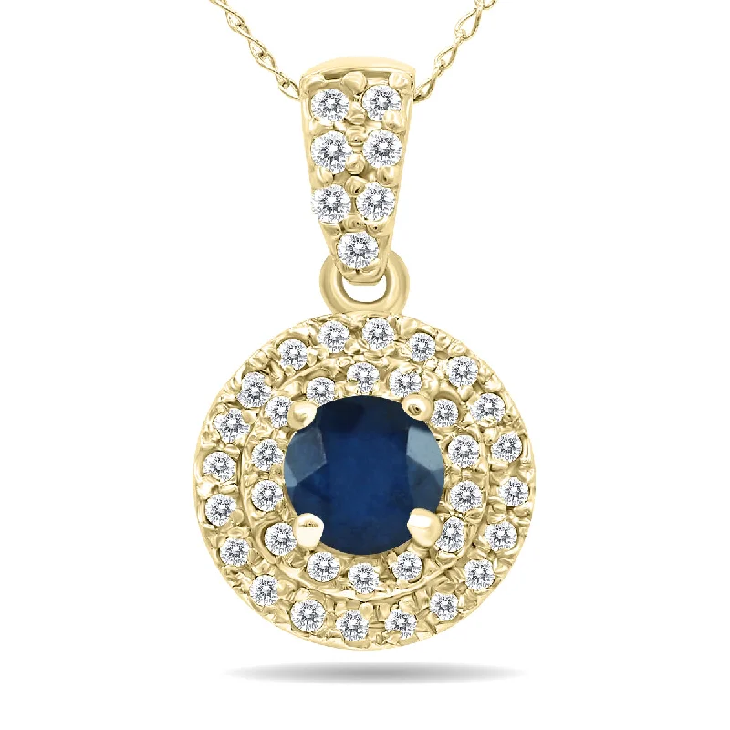 Premium Jewelry Now Available At Special Discounts Seasonal Fashion 3/4 Carat Tw Double Halo Sapphire And Diamond Pendant In 10K Yellow Gold