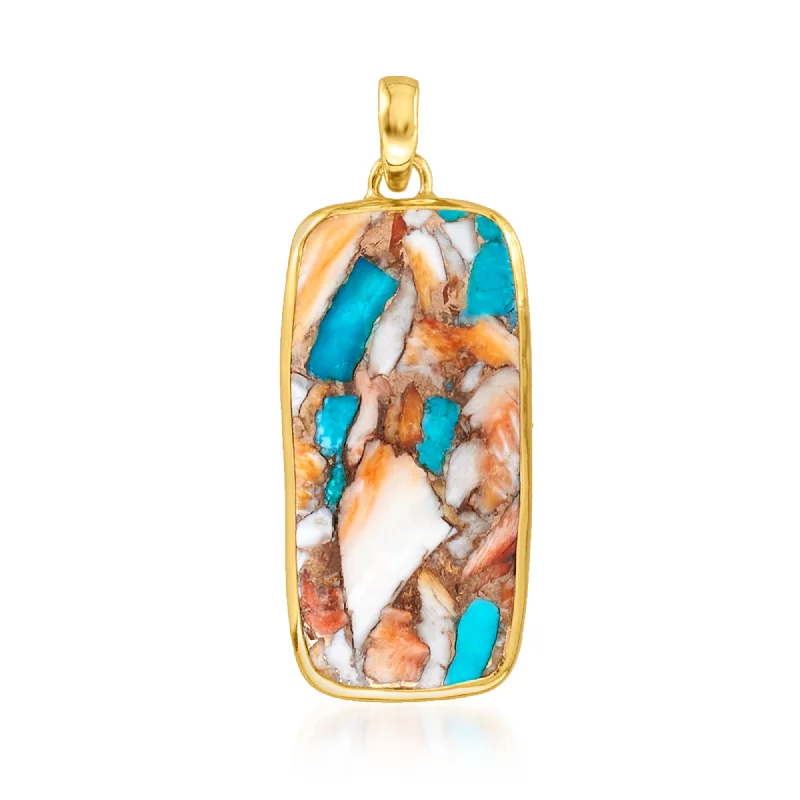 Handcrafted Beauty At Affordable Prices Boutique Styles Ross-Simons Mosaic Kingman Turquoise Pendant in 18kt Gold Over Sterling