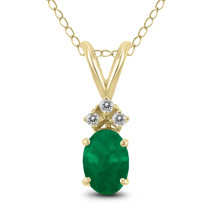 Premium Jewelry Now Available At Special Discounts End-Of-Season Clearance 14K Yellow Gold 5X3Mm Oval Emerald And Three Stone Diamond Pendant