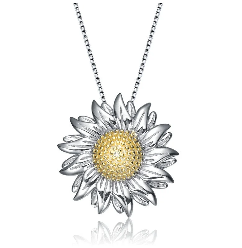 Luxury Handcrafted Jewelry For Elegant Looks Flash Sale Now Sterling Silver White Gold Plated with Cubic Zirconia Sunflower Pendant Necklace