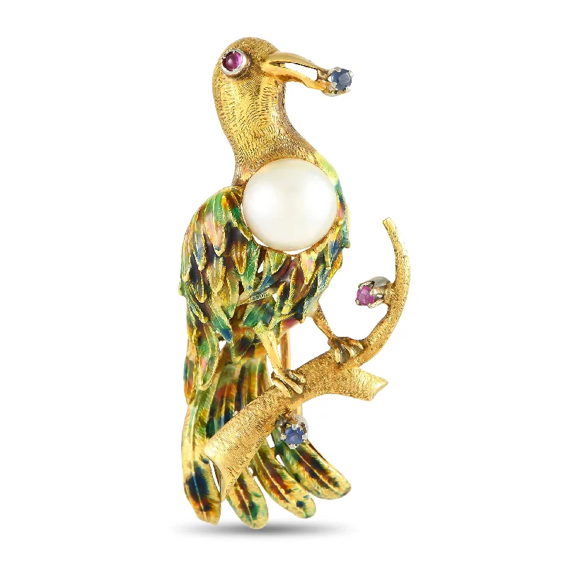 Sparkle For Less – Shop Our Limited-Time Jewelry Deals Romantic Fashion Discounts LB Exclusive 18K Yellow Gold Mother of Pearl, Ruby, Sapphire, and Enamel Bird Brooch MF16-122624