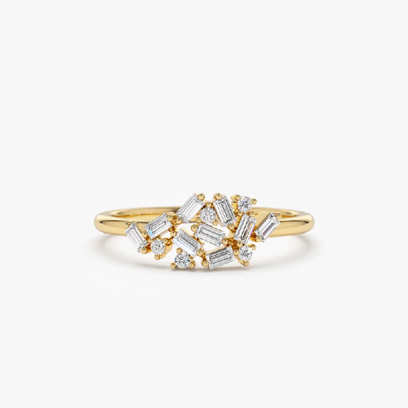 Handcrafted Jewelry Sale – Unique Designs At Low Prices Clearance Event 14k Baguette and Round Diamond Dainty Cluster Ring