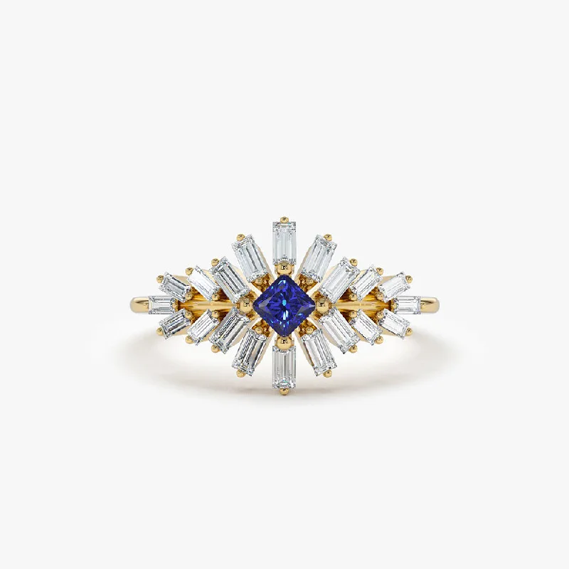 Elevate Your Jewelry Collection With Limited-Time Savings Budget-Friendly Fashion 14K Baguette Diamond Ring with Square Sapphire