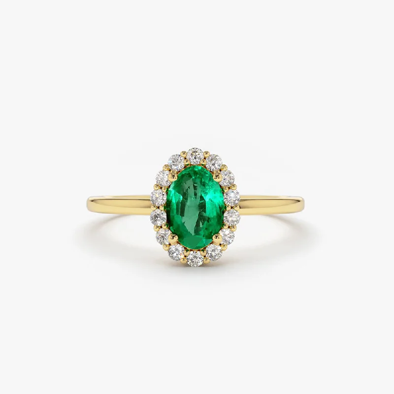 Exclusive Jewelry Sale – Sparkle For Less Urban Style Promotions 14K Gold Oval Cut Emerald Halo Diamond Ring