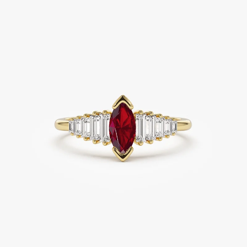 The Biggest Jewelry Sale Of The Year Is Here 14k Gold Marquise Shape Ruby  Ring with Baguette Accents