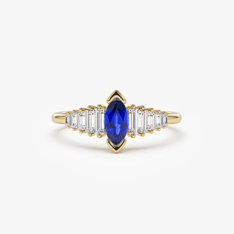 Affordable Glamour – Premium Jewelry At Special Prices 14k Gold Marquise Shape Sapphire  Ring with Baguette Accents