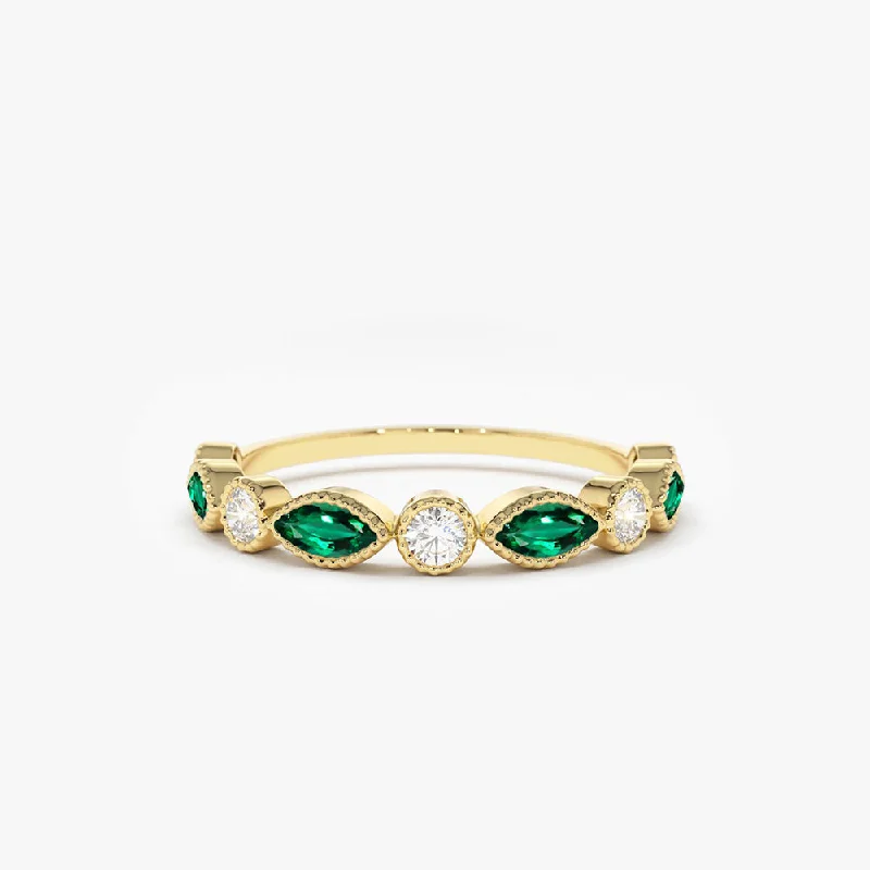 Timeless Elegance Now At Special Discounts Unleash Your Trendy Side 14k Marquise Emerald and Diamond Wedding Band