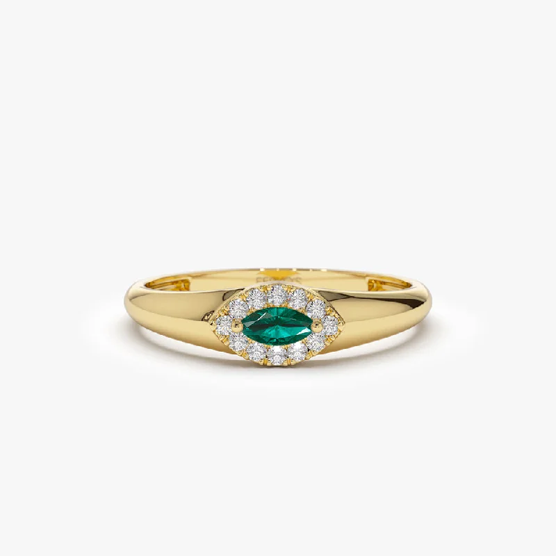 Exclusive Gemstone Jewelry At Special Prices Chic Style Discounts 14k Marquise Emerald Ring in Halo Setting