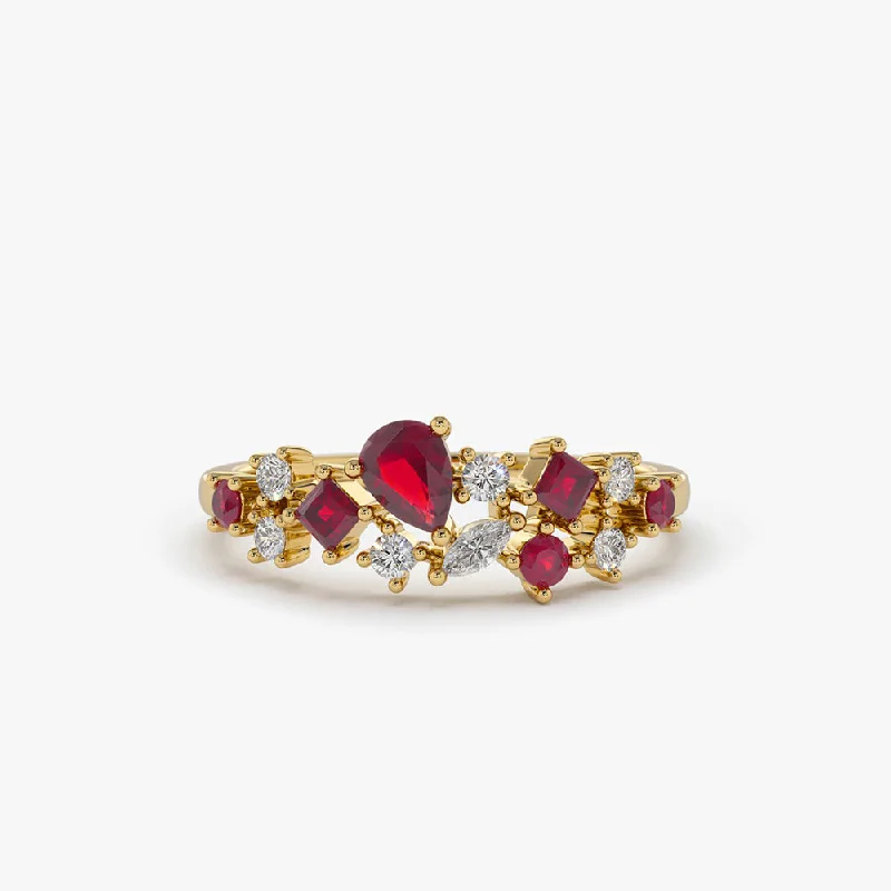 Luxury Handcrafted Jewelry For Elegant Looks Dive Into Trendy Styles 14k Ruby and Diamond Mixed Shape Cluster Ring