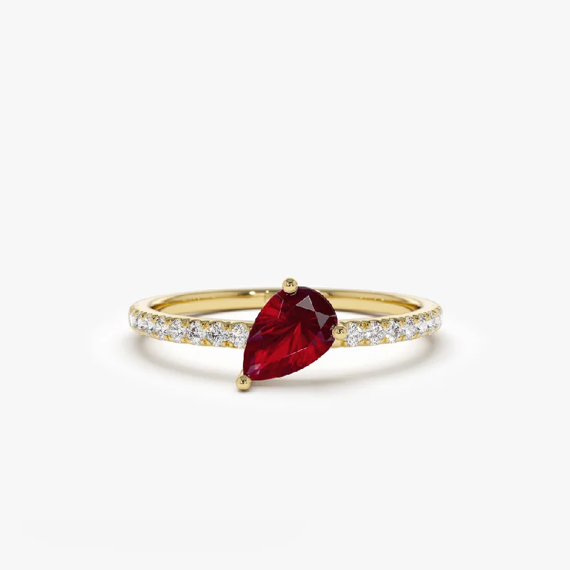 Breathtaking Jewelry, Breathtaking Prices Edgy Fashion Deals 14k Slanted Pear Shape Ruby Ring with Pave Diamonds