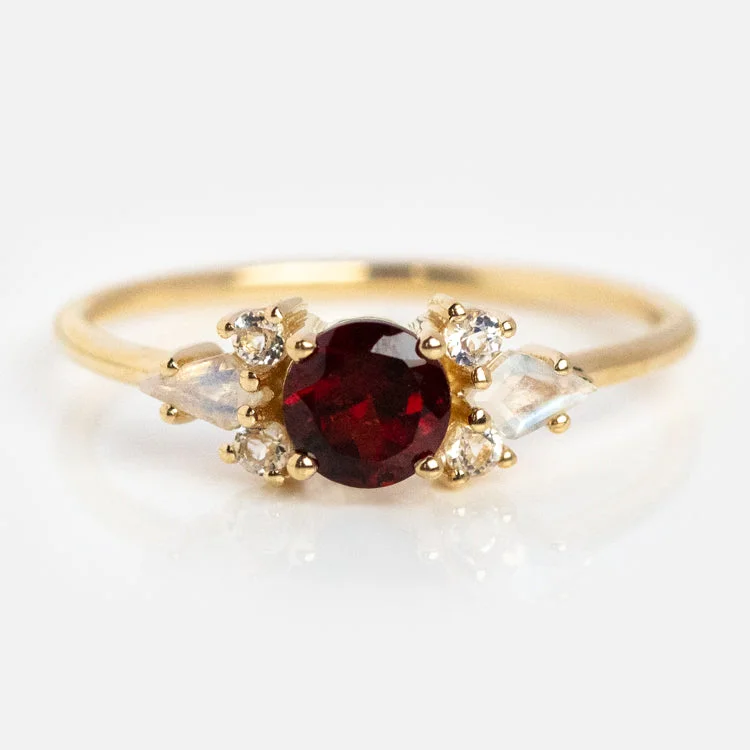 Eco-Friendly Sustainable Jewelry For Conscious Buyers Break Fashion Norms 9kt Gold Rhodolite Garnet and Moonstone Sphinx Ring