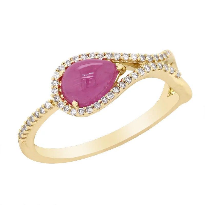 Shop Elegant Jewelry At Unbeatable Prices PEAR SHAPED CABOCHON CUT RUBY AND DIAMOND RING, .14 CT TW