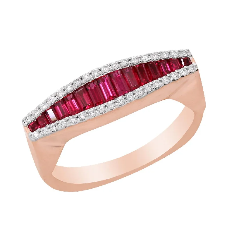 Exclusive Online Discounts On Stylish Jewelry ROSE GOLD FASHION RING WITH BAGUETTE RUBIES AND ROUND DIAMONDS, .13 CT TW