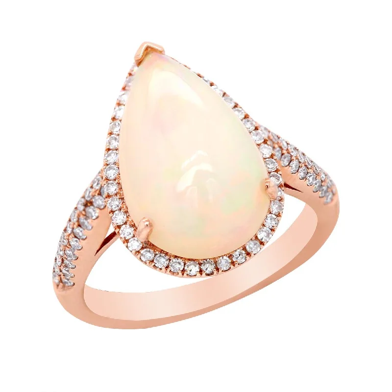 Dazzle In Elegance With Our Biggest Jewelry Sale ROSE GOLD FASHION RING WITH PEAR SHAPED OPAL AND SIDE DIAMONDS, .48 CTTW