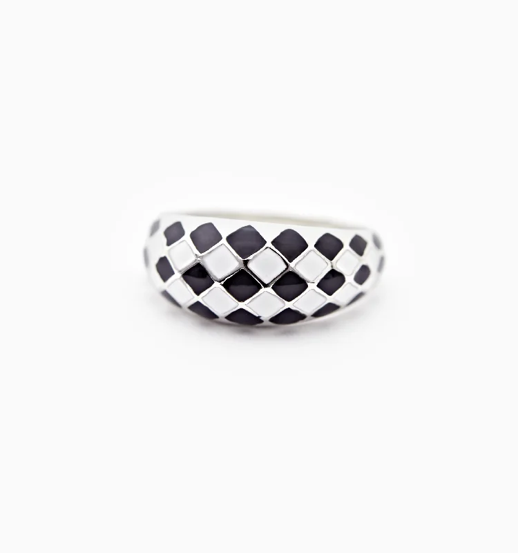 Unmissable Discounts On Timeless Jewelry Pieces Feminine Style Promotions Silver Checker Ring - Black And White