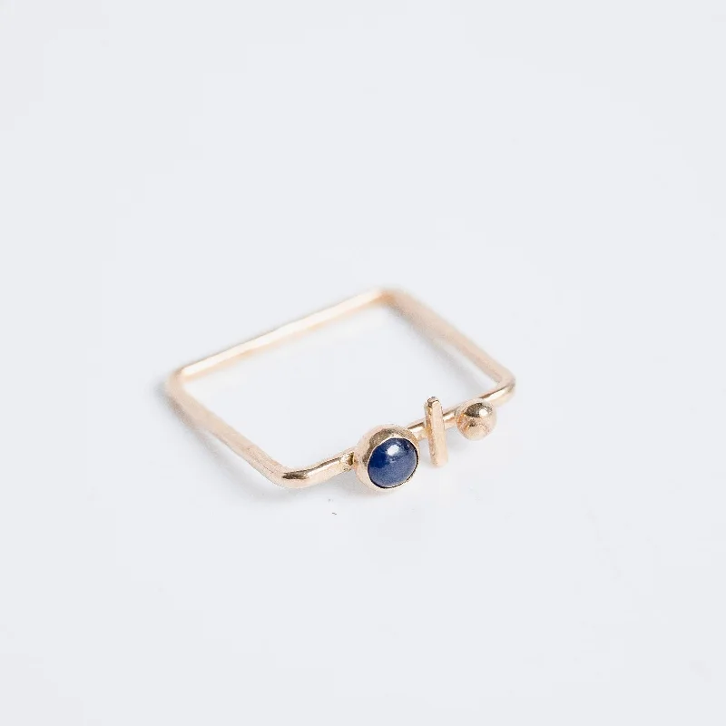 Handmade Pearl Jewelry For Timeless Elegance Timeless Style Promotions 14 Karat Gold Geometric Gemstone Square Ring with Blue Sapphire, Ball, and Bar