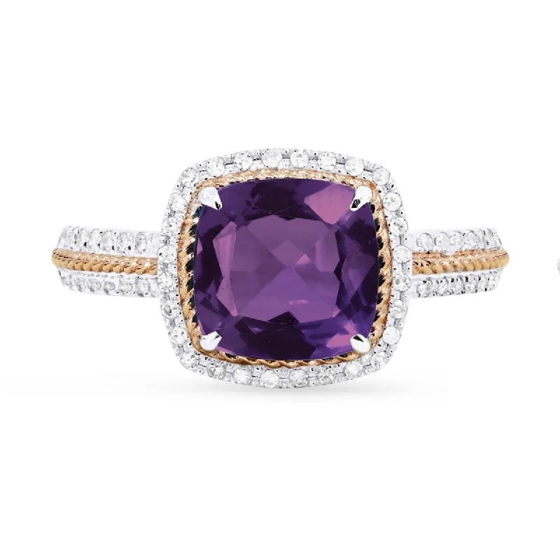 Don't Miss These Dazzling Jewelry Discounts TWO-TONE GOLD FASHION RING WITH CUSHION SHAPED AMETHYST, .17 CT TW