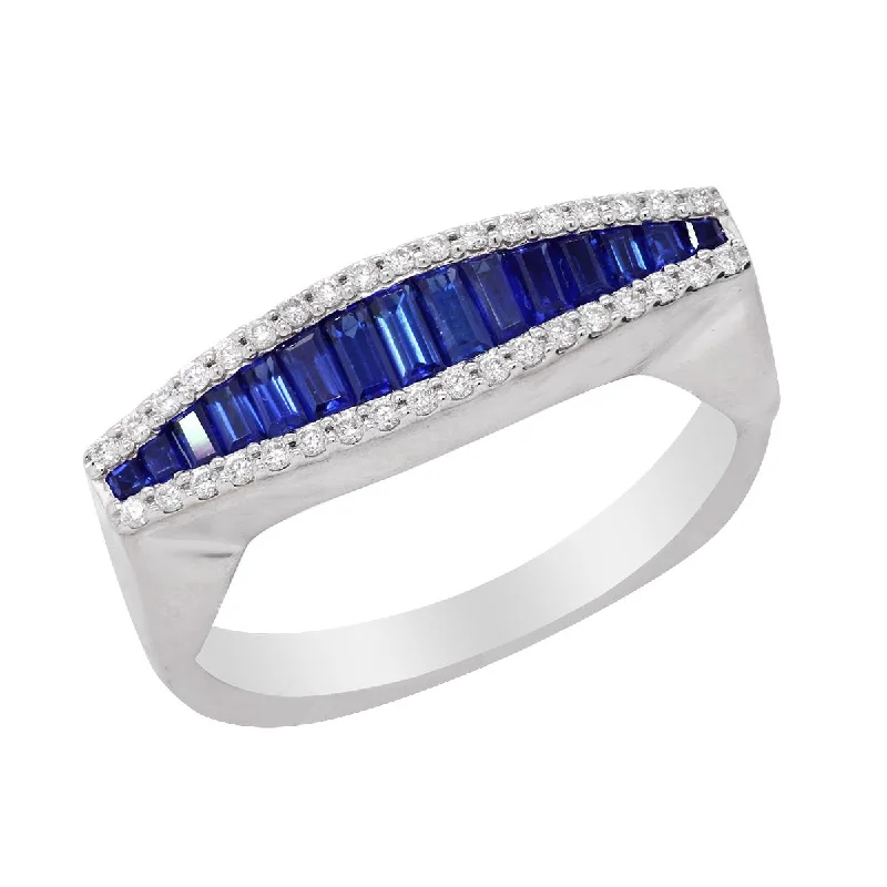 Limited Stock On Premium Jewelry At Low Prices WHITE GOLD FASHION RING WITH BAGUETTE SAPPHIRES AND ROUND DIAMONDS, .13 CT TW