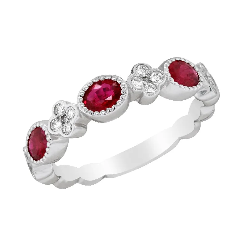 Special Jewelry Deals – Upgrade Your Collection WHITE GOLD FASHION RING WITH OVAL CUT RUBIES AND ROUND DIAMONDS, .19 CT TW