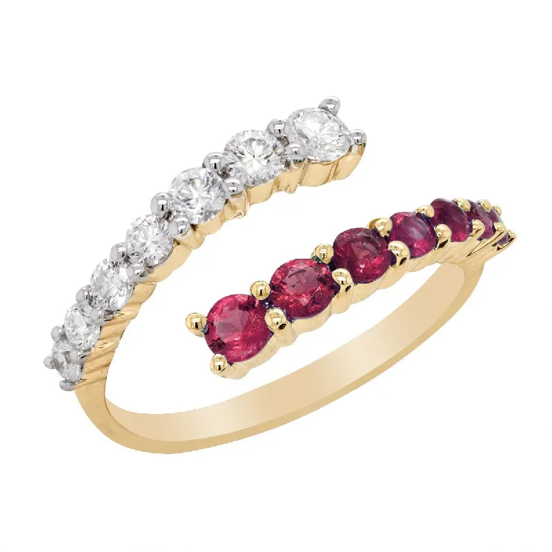 Affordable Glamour – Premium Jewelry For Less YELLOW GOLD BYPASS STYLE RING WITH RUBIES AND DIAMONDS, .56 CT TW