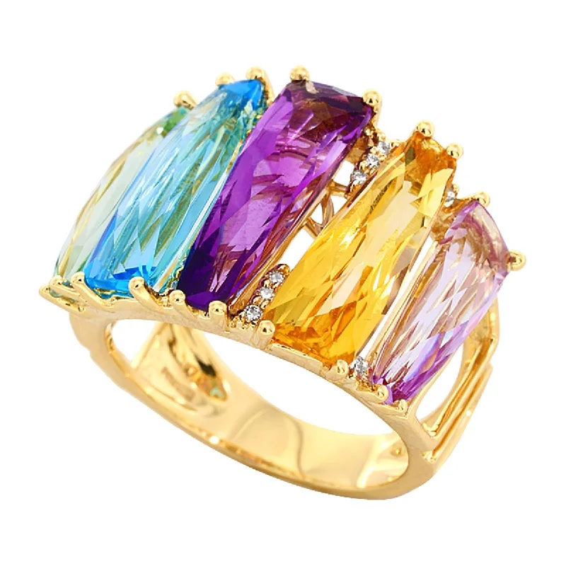 Flash Sale On Stunning Jewelry – Don't Miss Out YELLOW GOLD FASHION RING WITH MULTICOLORED GEMSTONES AND DIAMONDS, .06 CT TW