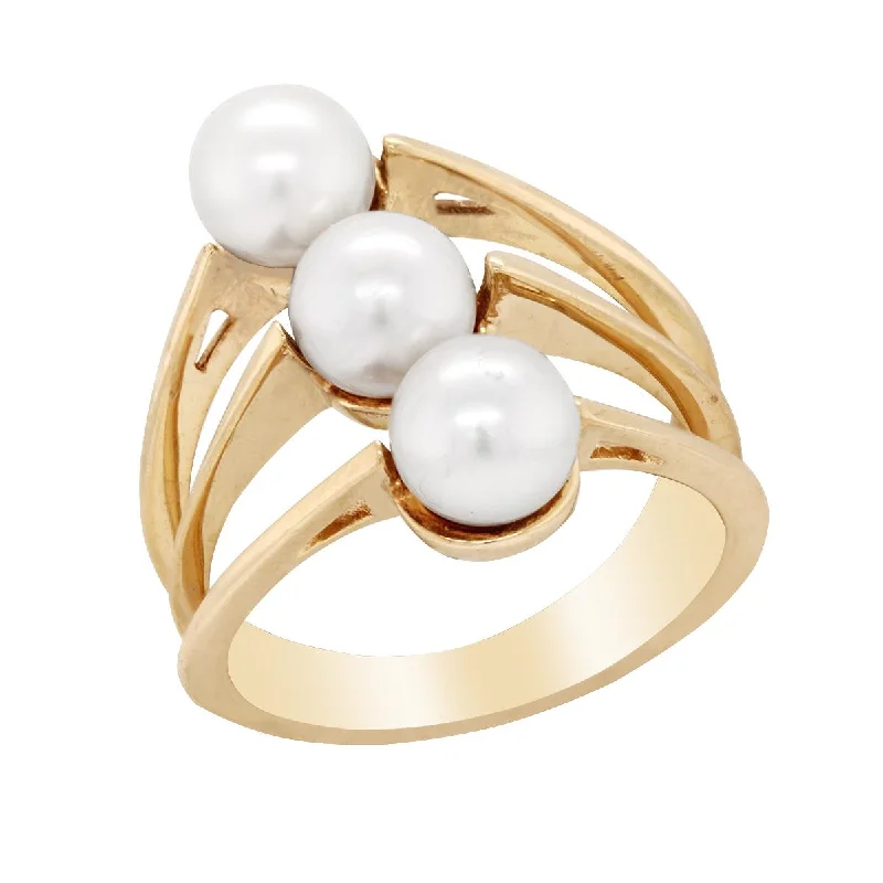 Handcrafted Jewelry Sale – Unique Designs At Low Prices YELLOW GOLD FASHION RING WITH OPEN SHANK AND 3 PEARLS