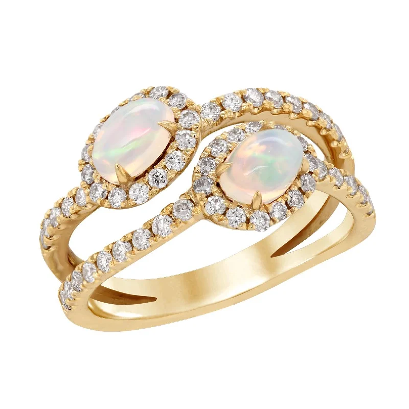 Sparkle On A Budget – Fine Jewelry For Less YELLOW GOLD FASHION RING WITH OVAL OPALS AND DIAMOND HALOS, .62 CT TW