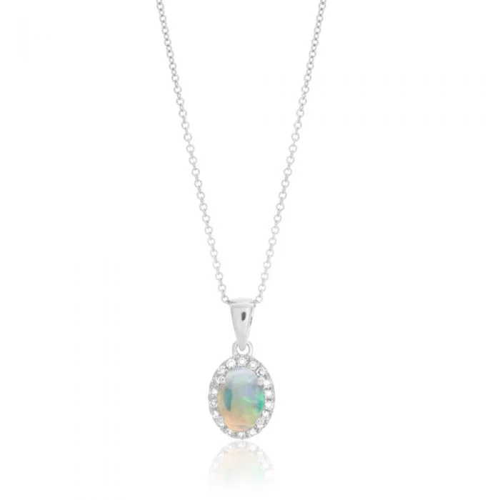 Premium Jewelry Now Available At Special Discounts Summer Fashion 9ct 0.45ct Natural White Opal and Diamond Halo Pendant with 45cm Chain