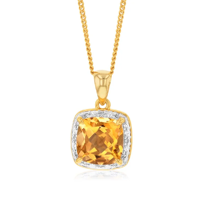 Jewelry Clearance Event – Stock Up Before It's Over Hot Picks 9ct Yellow Gold 8mm 2.00ct Citrine and Diamond Cushion Cut Pendant