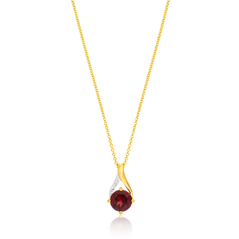 Clearance Sale On High-End Jewelry Collections Flash Sale Now 9ct Yellow Gold Garnet and Diamond Pendant With 45cm Chain