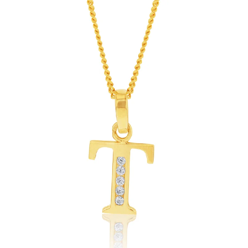 Clearance Sale On High-End Jewelry Collections 9ct Yellow Gold Initial T Zirconia Pendant