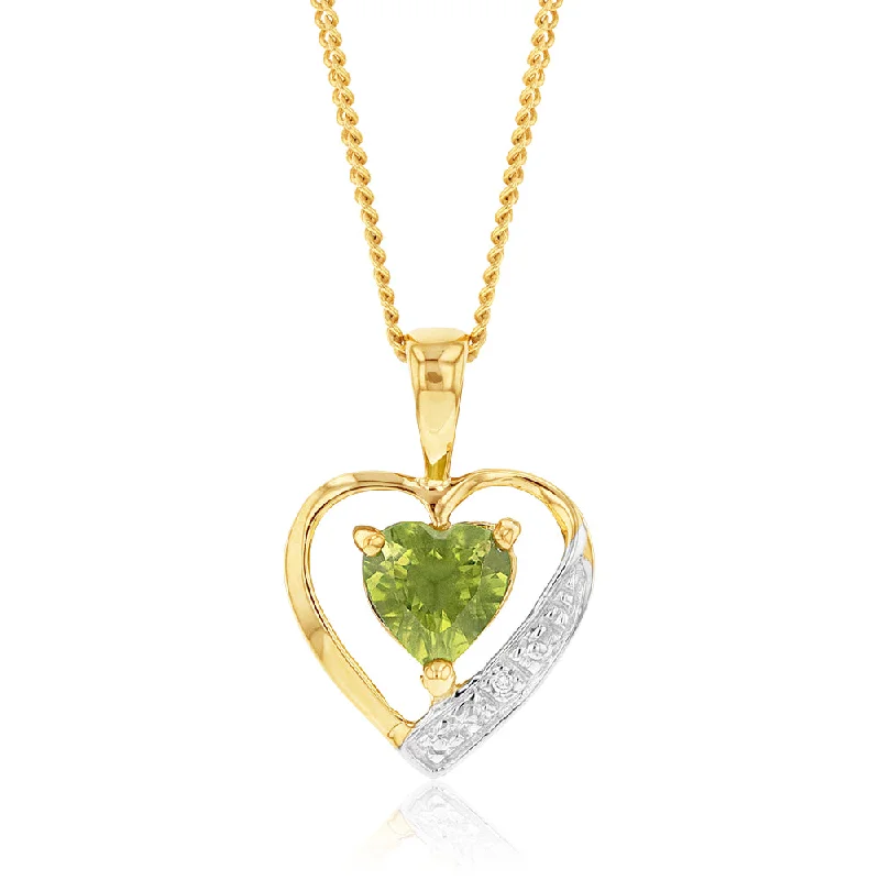 Shop Dazzling Jewelry With Special Promotional Discounts 9ct Yellow Gold Peridot and Diamond Heart Pendant