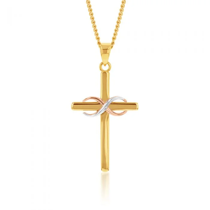 Shop Modern Jewelry Collections With Exclusive Discounts 9ct Yellow Rose and White Gold Tone Infinity On Cross Pendant