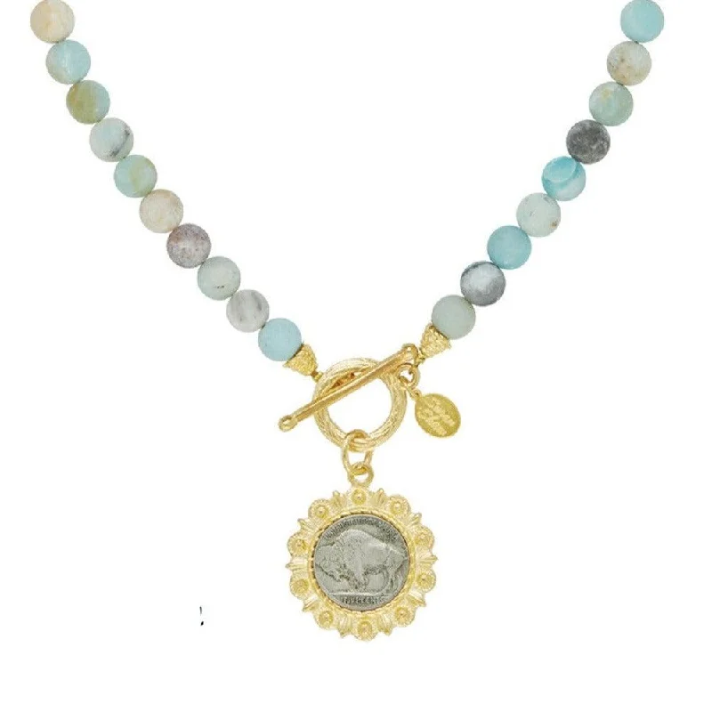 Limited-Time Offer On Elegant Jewelry Pieces Swimwear Summer Blowout Framed Buffalo Coin on Amazonite Necklace