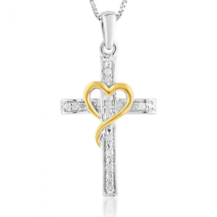 Dainty Floral Jewelry For Feminine Elegance Seasonal Style Discounts Sterling Silver Diamond Cross Pendant with Yellow Heart Accent on 45cm Silver Chain