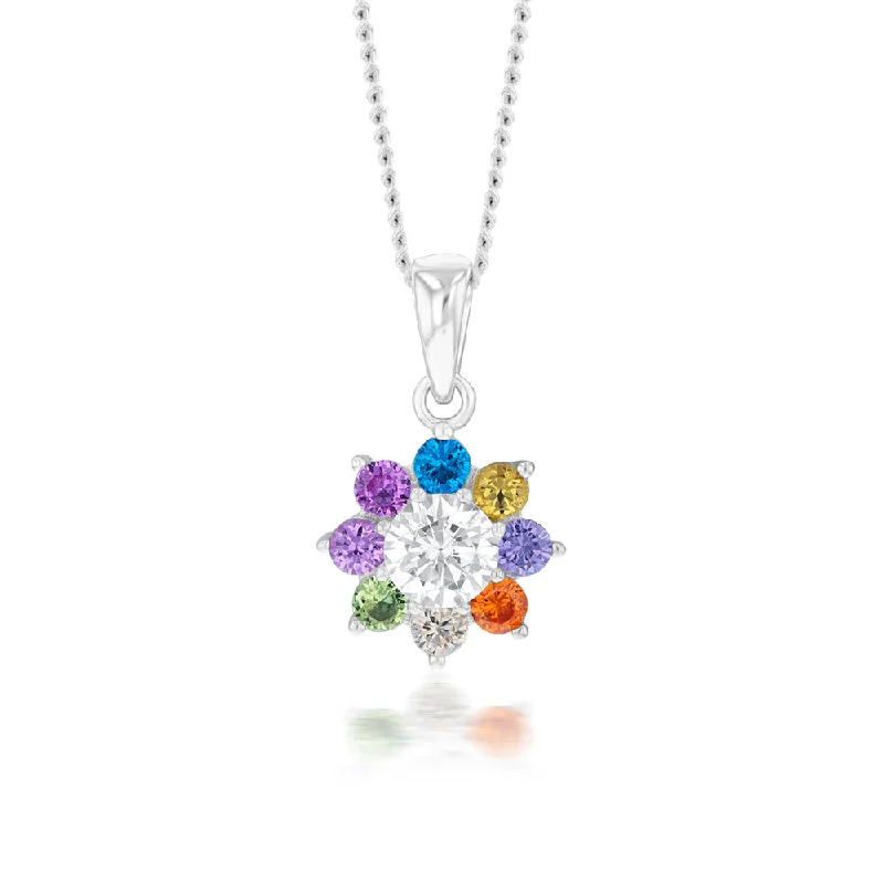 Trendy Minimalist Jewelry For Everyday Wear Sterling Silver  Rainbow Multicoloured Crystal Flower Pendant