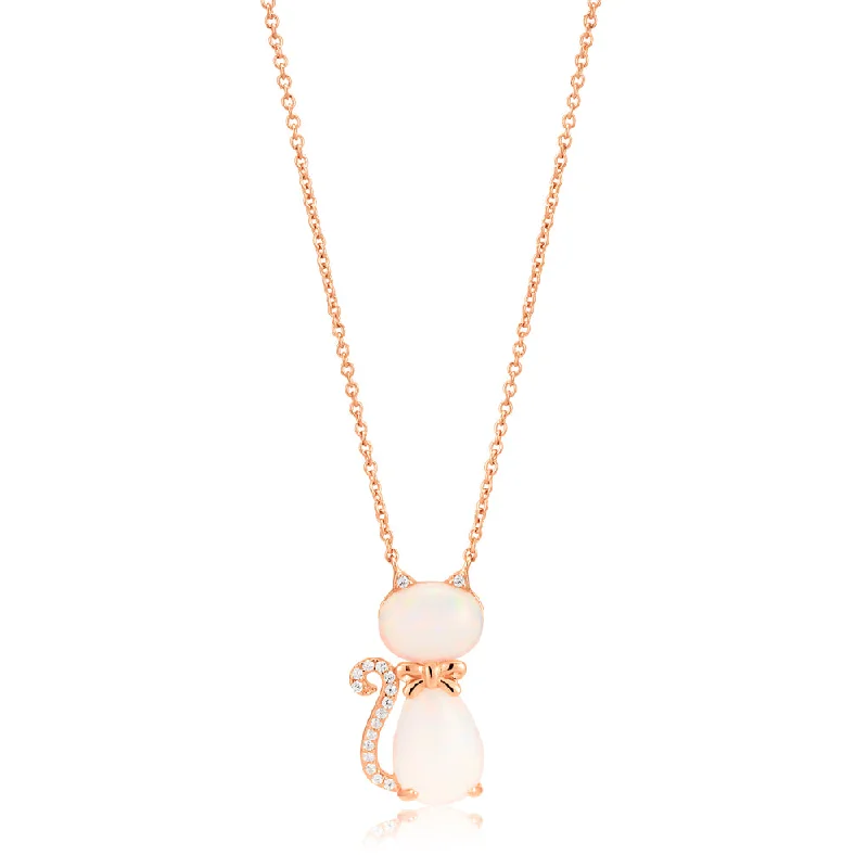 Bestselling Jewelry At Special Promotional Rates Bid Farewell To The Old Season Sterling Silver Rose Gold Plate Created Opal & Zirconia Cat Pendant with 42+3cm Chain