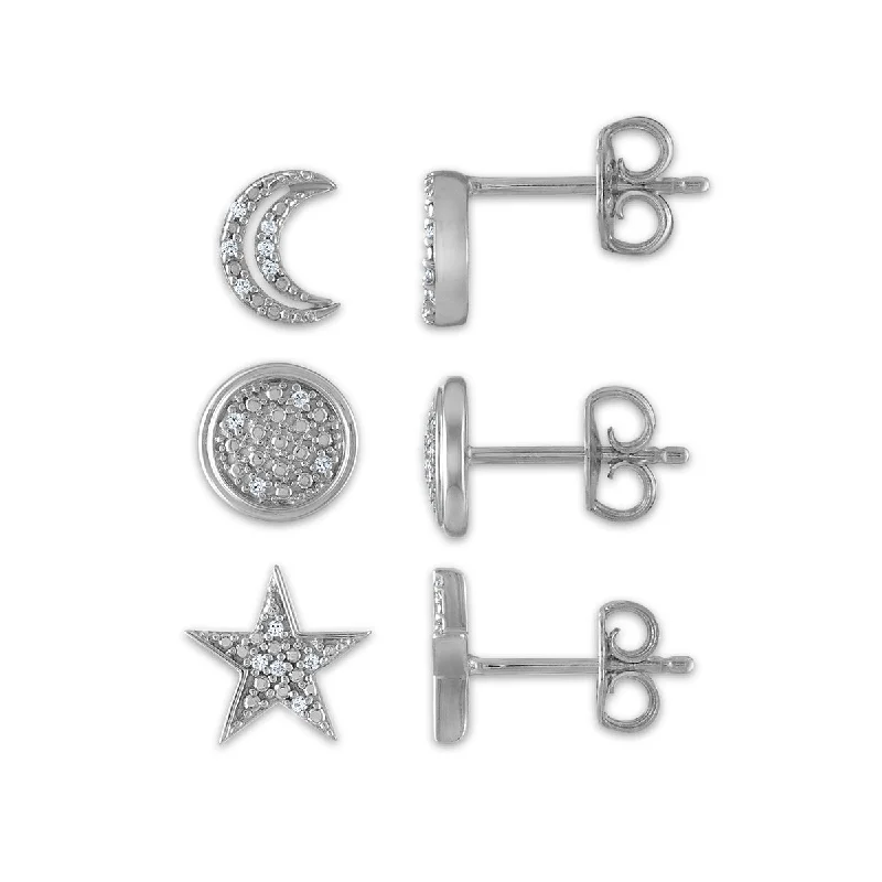 Unique Jewelry Designs Now At Discounted Rates Fashion-Forward Offers 1/10 CTW Diamond Sun Moon Star 3-Pair Stud Earrings in Sterling Silver