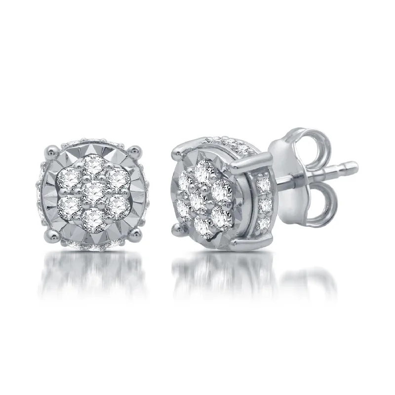 Shop Signature Jewelry Styles At Exclusive Prices Day-To-Night Styles 1/3 CTW Diamond Halo Illusion Set Stud Earrings in Rhodium Plated Sterling Silver