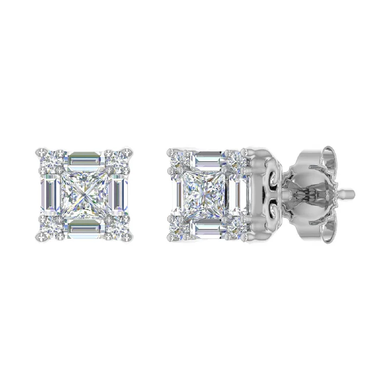 Versatile Layering Jewelry For Effortless Chic Low Price Special 1/4 Carat Prong Set Round, Princess & Baguette Shape Diamond Stud Earrings in Gold